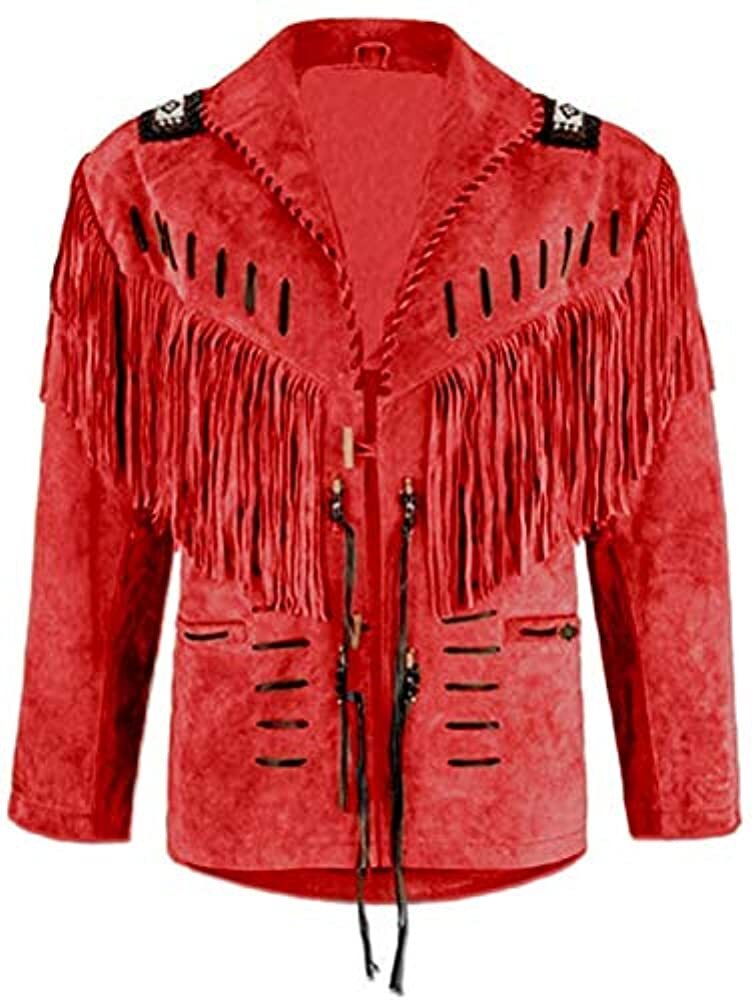 Men Red Suede Western Cowboy Leather Jacket With Fringe