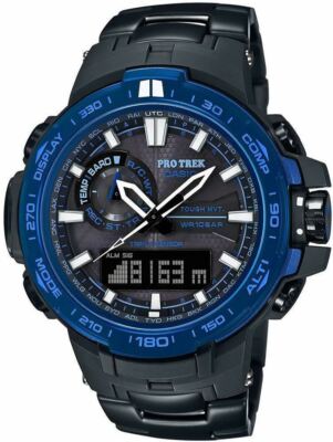 Pre-owned Casio Pro Trek Prw-6000syt-1d Triple Sensor Black Titanium Alarm Compass Watch