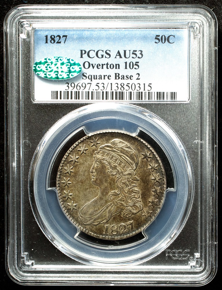 1827 Capped Bust Half Dollar, Overton O-105 Variety - PCGS AU53, CAC Approved