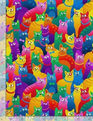 Timeless Treasures ~ Brite Rainbow Crazy Cats ~ 100% Cotton Quilt Fabric BTY