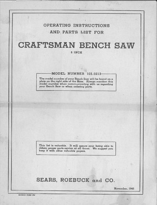 1945 Craftsman 103.0213  8'' Tilt-Table Bench Saw (Form 164) Instructions