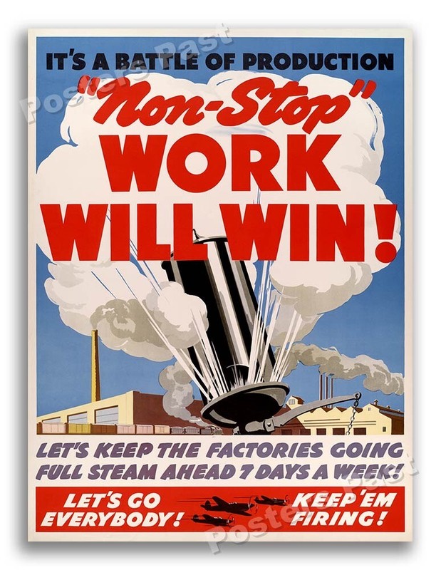 Non-Stop Work Will Win!” 1942 Vintage Style World War 2