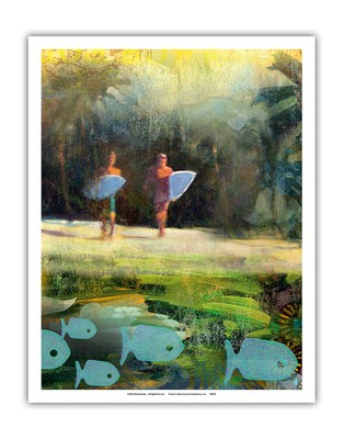 Discovery - Surfers and Fish - Original Collage Art by Wade Koniakowsky