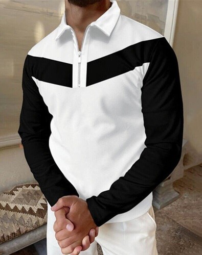 Polo Camiseta Hombre Cremallera Cuello Manga Larga Negro Blanco Golf Camiseta