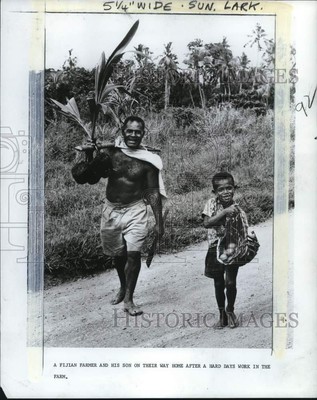 1971 Press Photo Farmer & son walk home after work at a farm in Fiji - pio30617