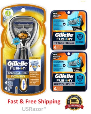 9 Gillette Fusion Proglide Power Flexball Razor 8 Proshield Chill Blades Refills