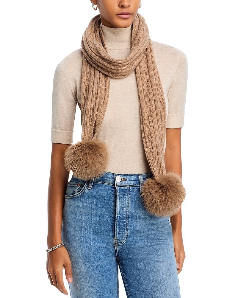Adrienne Landau Wool The Lyla Scarf Women's One Size Camel Pom-Poms At Ends~ - Picture 1 of 15