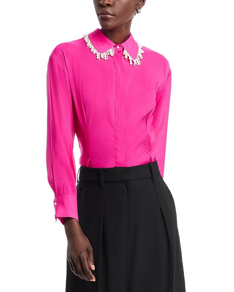 Gracia Faux Peal Trim Collar Top Women's S Fuchsia Button Front Placket L/S - Picture 1 of 14