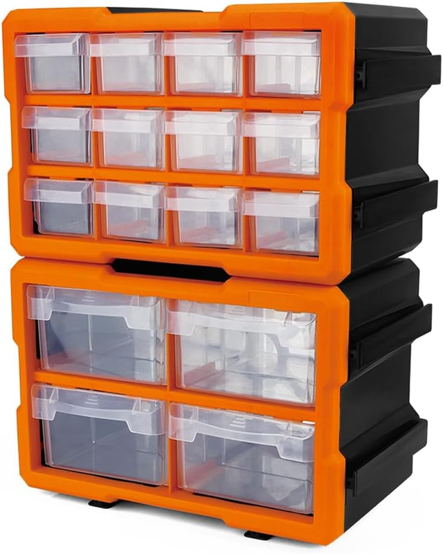 16-Drawer Parts Organizer Storage Cabinet with Wall-Mountable Design, Stackable
