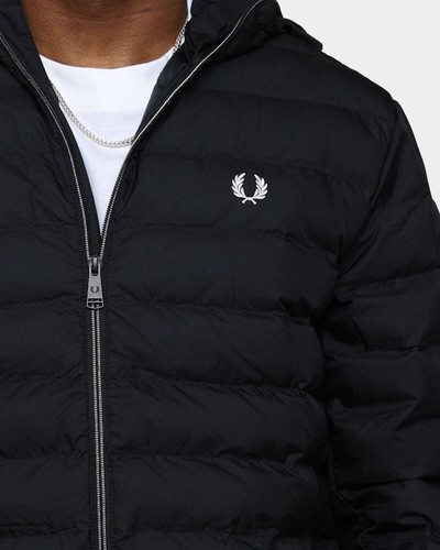 Pre-owned Fred Perry Mens 2xl Xxl Black Insulated Hooded Jacket Puffer Coat White Zipper