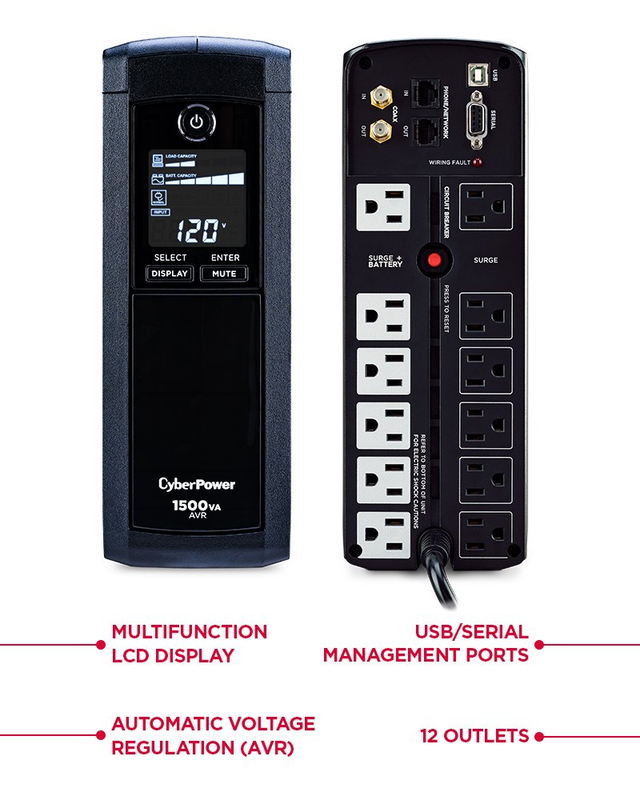 CyberPower  CP1500AVRLCD Intelligent LCD UPS System, 1500VA/900W, 12 Outlets, AV