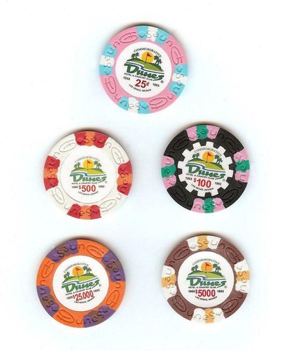 5 DUNES CASINO CHIPS $25,000, $5,000, $500, $100 & 25