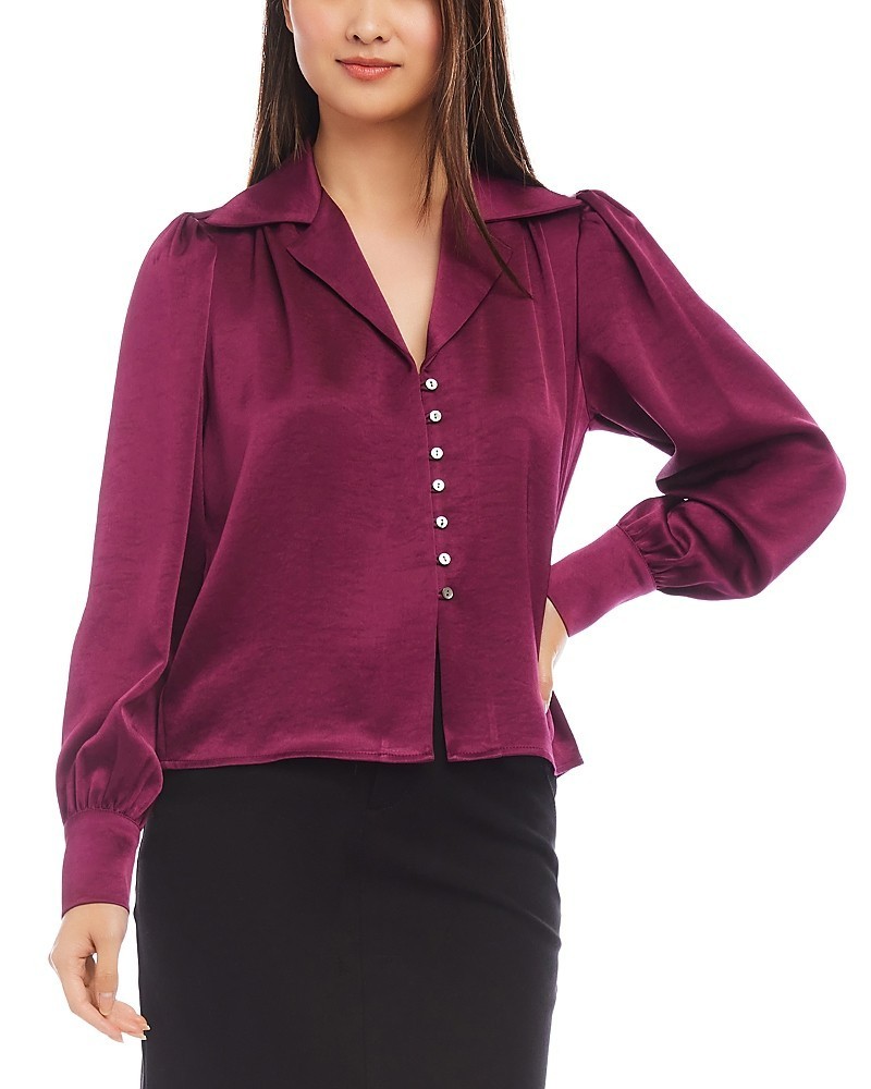 Karen Kane Shirred Blouse Womens XL Wine Solid Collared Long Sleeve Button Front - Picture 1 of 16