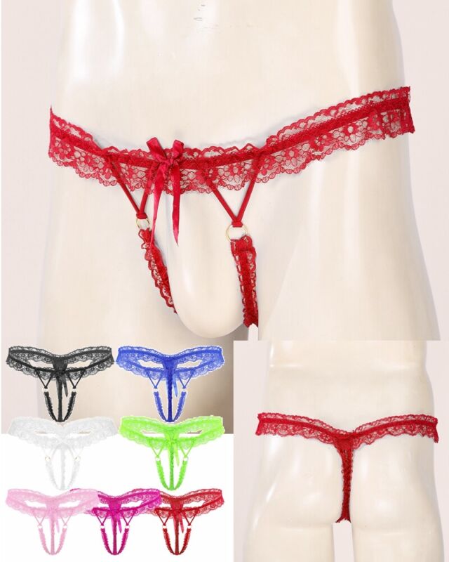 Sissy Men Lace Cheeky Thong Underwear See Through Panties Crotchless T-back 