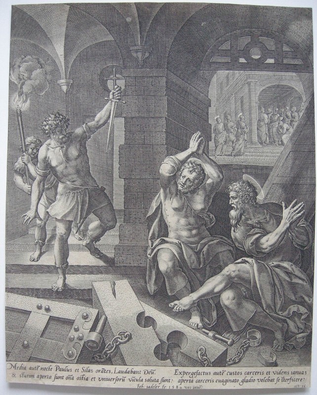 Jan I Sadeler (1550-1600) Befreiung Silas Und Paulus Kupferstich 1580 Nach Vos