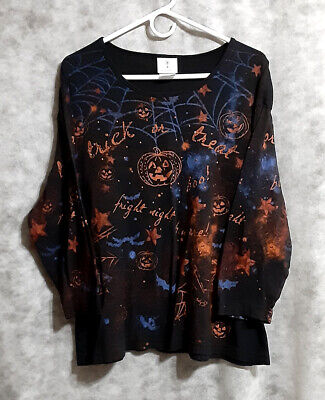 Halloween Knit Top Sz 3X Black background, Blue webs, orange stars & pumpkins