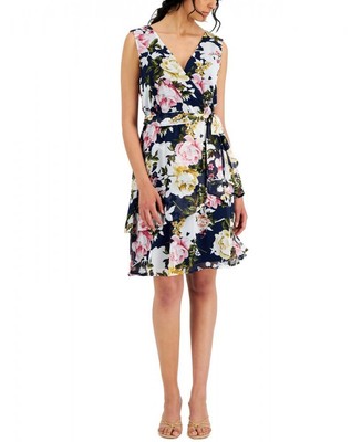 Connected Apparel Women's Knee Length Shift Dress Belted Floral Sleeveless A3149