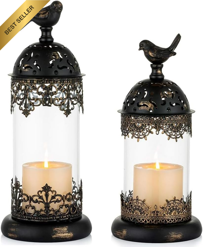 2 Pack Vintage Pillar Candle Holders,Vintage Tabletop Decor Lantern,Home Candle
