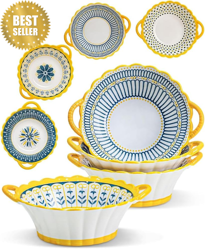Bohemian Soup Bowls with Handles Set of 4, 7.5-Inch French Ceramic Onion Soup Bo