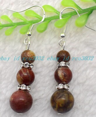 6-8-10mm Sorts of Natural Gemstone Round Beads Drop Dangle Silver Hook Earrings