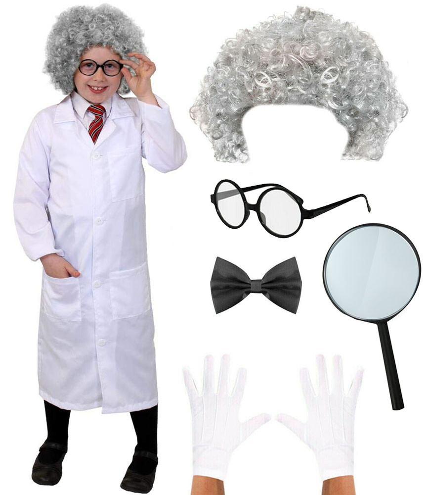 Kinder Verruckter Wissenschaftler Kostum Weissen Laborkittel Perucke Brille Kostum Jungen Madchen Ebay