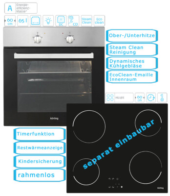 Herdset Backofen Einbau Edelstahl Glaskeramik Kochfeld rahmenlos Timer autark