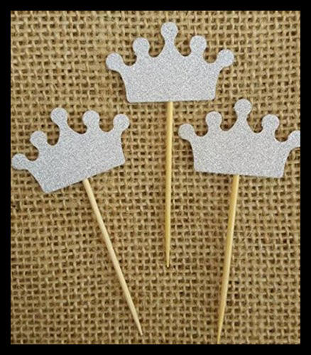 25 Pack SILVER Glitter Crown Cupcake Toppers For Birthday Party Baby Shower Deco