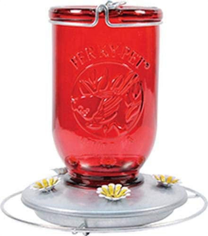 (#786) Red Mason Jar Glass Hummingbird Feeder, 32Oz Capacity