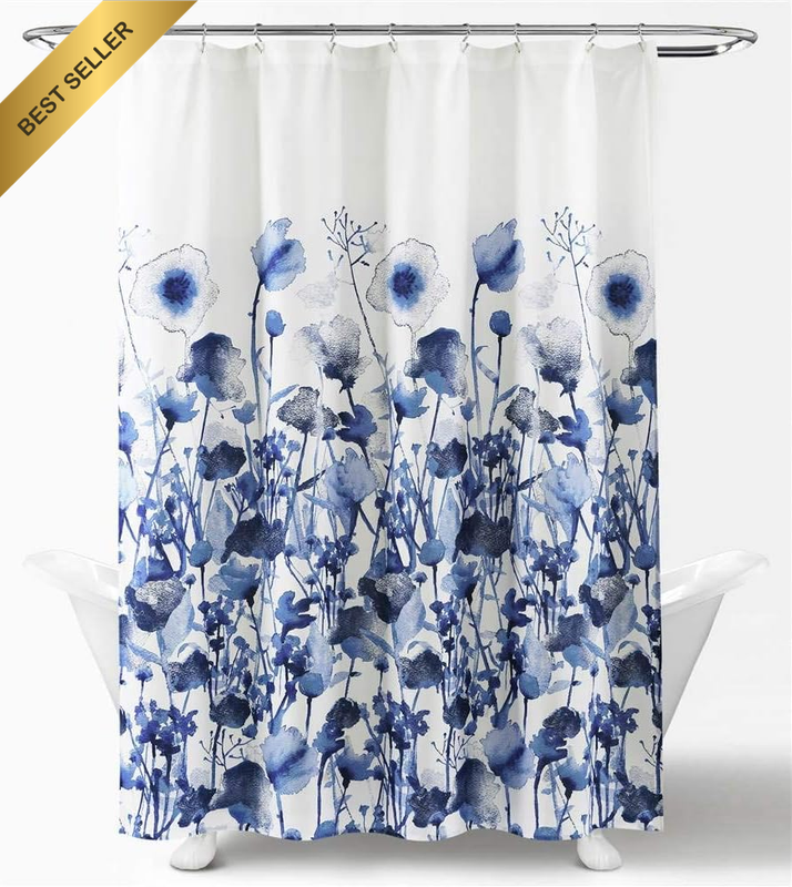 X 72”, Navy Zuri Flora Shower Curtain-Fabric Watercolor Floral Print Design
