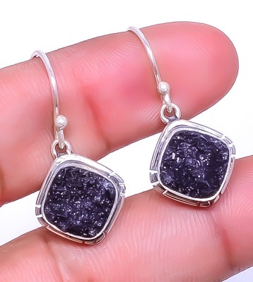 Titanium Carbon Agate Drusy Gemstone 925 Sterling Silver Earring 1.33'' A336