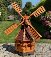 DARLUX Sechseck Garten-Windmühle XXL aus Holz kugelgelagert Braun/Rot H-120 cm