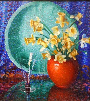 Frederick Ruthrauff c.1930 Pointilist Still Life w/Daffodils -Calif, Utah Artist