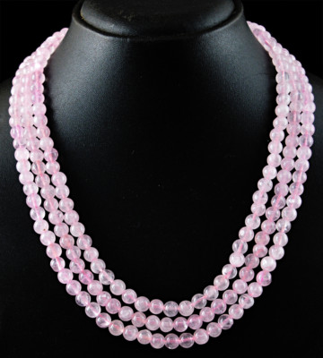 520.00 Cts Earth Mined Pink Rose Quartz 3 Strand Round Beads Necklace (RS)
