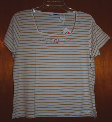 New Erika & Co Top White Beige Stripe Square Neck Embroidered Roses Size Medium