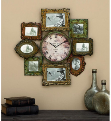 Rustic Victorian Metal Photo 8-Frame & Wall Clock Collage Montage Roman Numerals