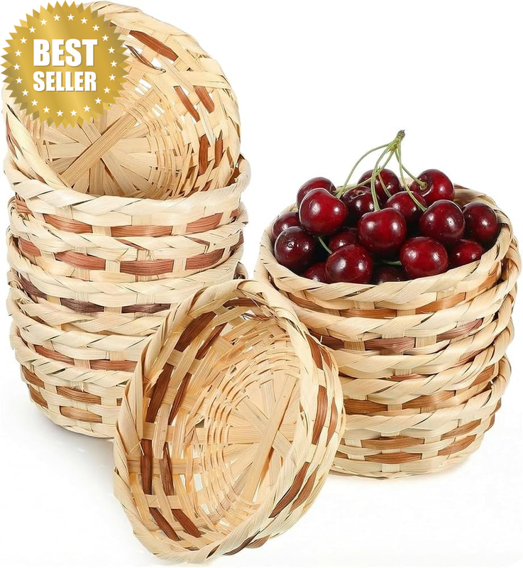 12 Pack Woven Fruit Basket, Handmade Bulk Food Serving Basket, Small round Stack