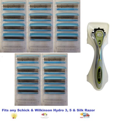 20 Schick Hydro 3 Razor Blades Refills Free Metal Handle Cartridges Fits Silk5 8