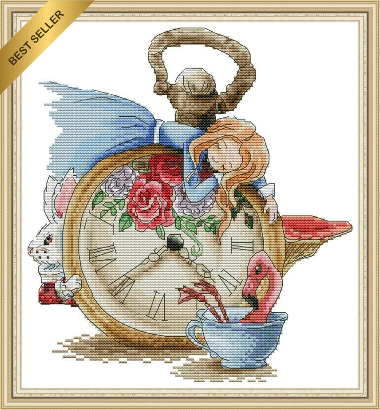 Cross Stitch Embroidery Kits for Adults Kids, Sleeping Alice Clocks Rabbit Cup 1
