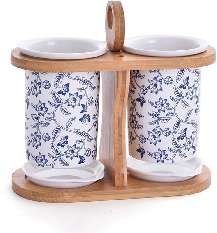 Utensil Holder for Kitchen Counter, Ceramic Tableware with Bracket and Two Separ