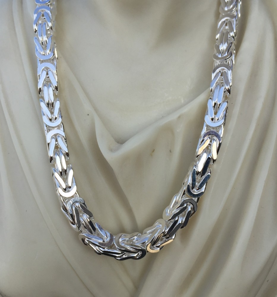 Pre-owned Handmade Mens Square King Byzantine Chain Necklace 7mm 174gr 27" 925 Sterling Silver