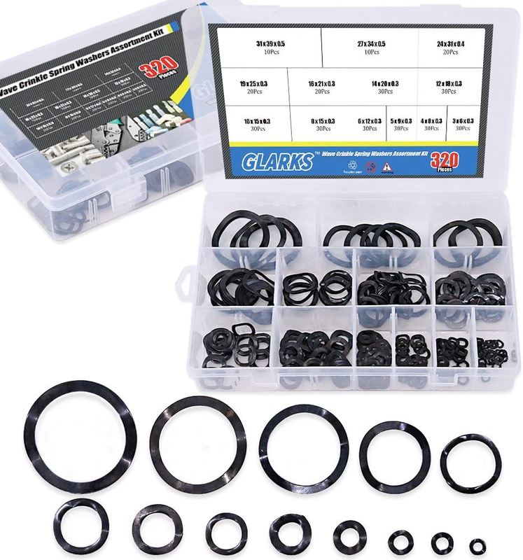 Glarks 320Pcs Carbon Steel Spring Washers Assortment Kit