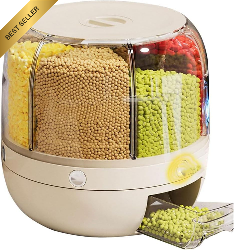 6-Compartment Rotating Rice Dispenser - 360° Grain Storage Container for Rice, L