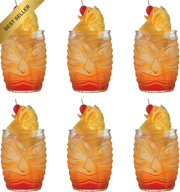 6 Pack Clear Tiki Glasses, Exotic Glass Drinking Cup, Hawaiian Style, High-Grade