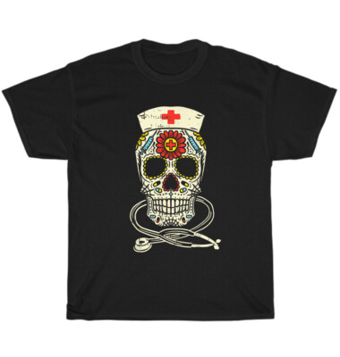 Nurse Sugar Skull Stethoscope RN Medical Halloween Costume T-Shirt Unisex Gift