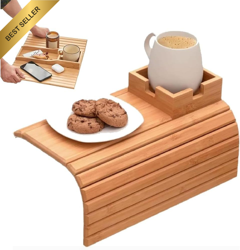 Foldable Bamboo Couch Arm Tray Table with Cup Holder | Detachable Armrest Design