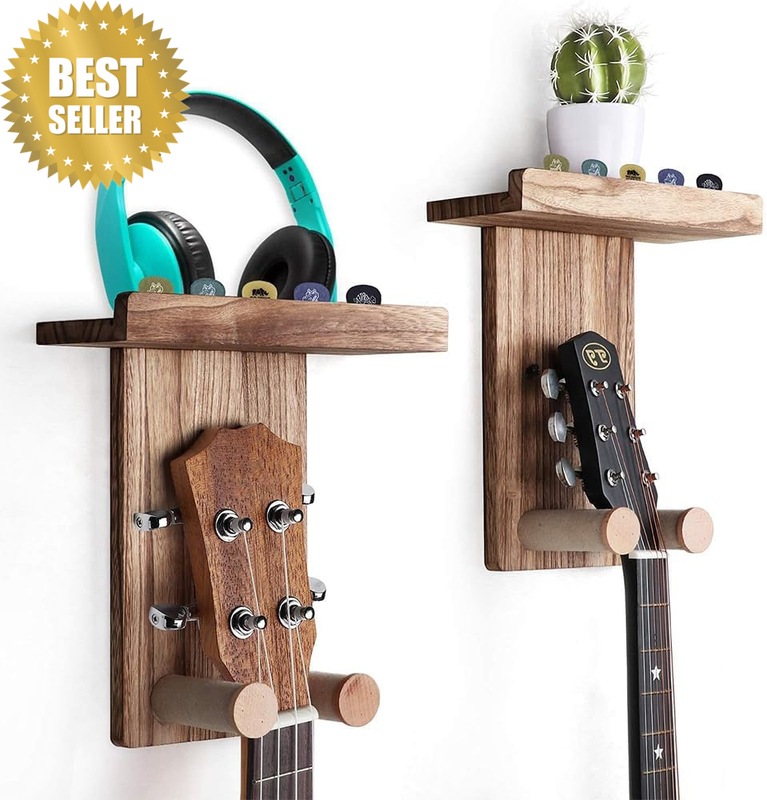2-Pack Guitar Wall Mount Hanger, with Shelf & Pick Holder, Wall Mount Stand, Woo
