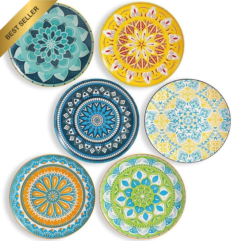 Salad Plates, Dessert Plates 8 Inch,Ceramic Dinner Plates Set of 6,Colorful Cera
