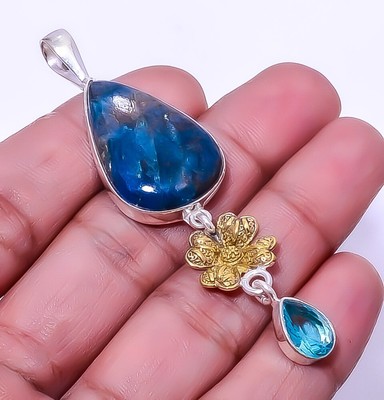 Natural Neon Apatite-Bahia Mines Blue Pendant 925 Sterling Silver Jewelry 2.81''