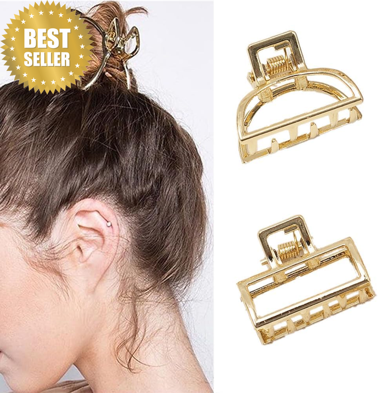 2PCS Small Metal Hair Claw Clips, Mini Gold Hair Clips for Women Thick Thin Hair