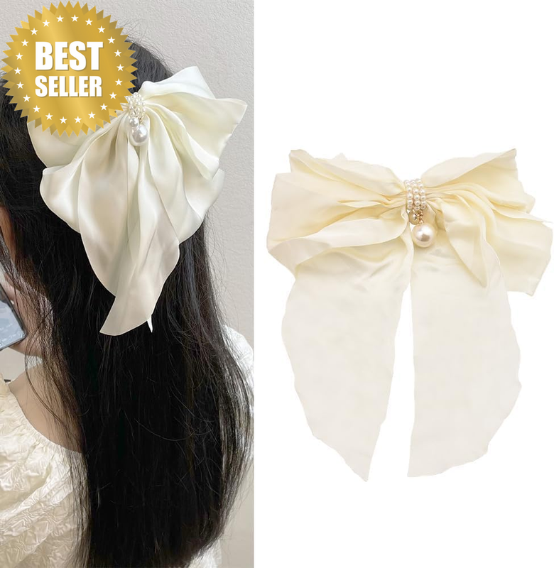 Pearl Bow Hair Clips for Women Girls Hair Bows Clips for Girls Women Beige Bow B